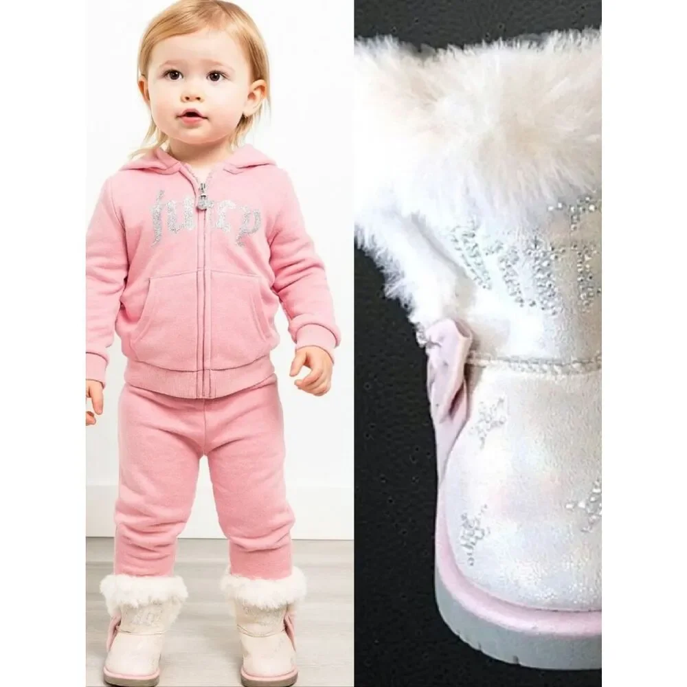 Y2K Juicy Couture Pink Lil Southgate Rhinestones Winter Fur Boots Toddler's SZ 5